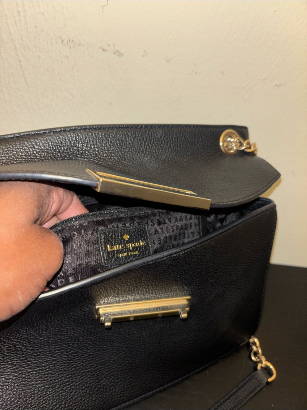 Kate Spade New York Black Pebbled Leather Chain Crossbody Flap Bag Gold Hardware